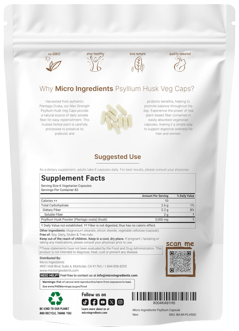 Micro Ingredients Psyllium Husk Capsules, 500 Veg Caps | Soluble Fiber Supplement for Women & Men | Natural Prebiotics & Probiotics Fiber Supplements for Gut & Digestive Health | Non-GMO, Gluten Free