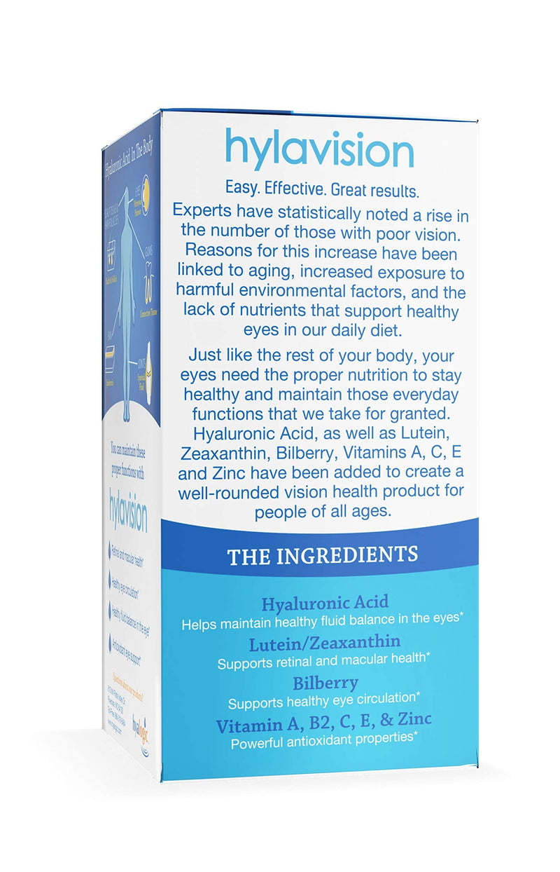Hyalogic HylaVision Eye Health Supplement - Hyaluronic Acid, Lutein and Zeaxanthin Supplements – Contains Eye Vitamins A, C, E, and Zinc – Soothe Tired Eyes (120 Capsules)