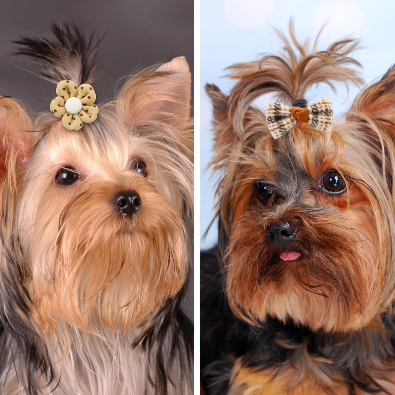 20 Pcs Dog Hair Bows for Small Dogs Cute Dog Bows with Rubber Bands Elastic Handmade Puppy Dog Bowknot Hair Bow Bulk Grooming Flower Ball Bows Topknot for Pet Hair Accessories (Brown) Brown - BeesActive Australia