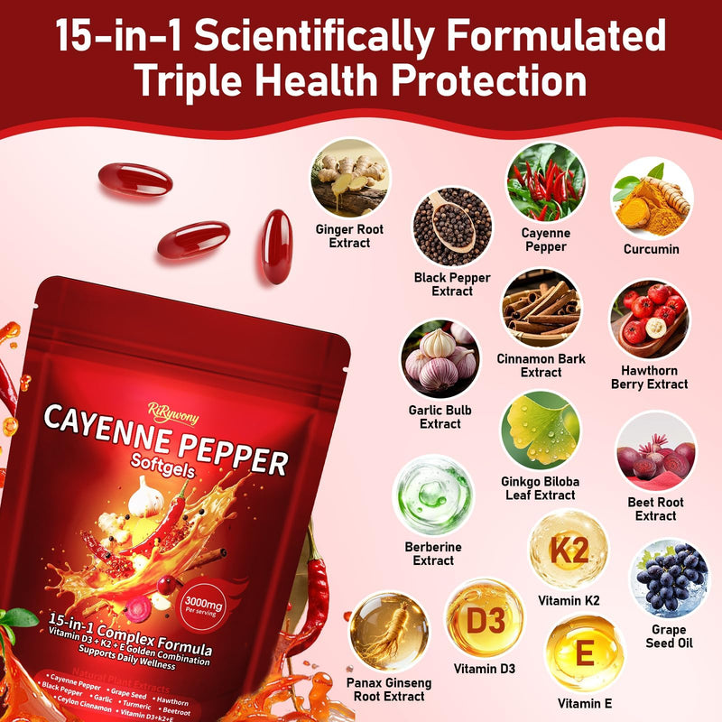 Cayenne Pepper Capsules, 15-in-1 Cayenne Pepper Supplements with Vitamin D3, K2, E & Grape Seed Oil, Supports Leg Vein, Heart and Blood Vessel Health, Daily Herbal Capsaicin Supplements, 300 Softgels