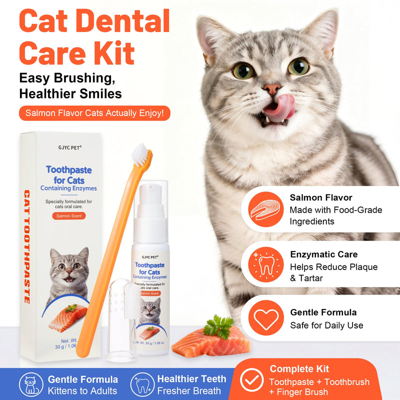Cat Toothbrush and Toothpaste Kit - Salmon Flavor Enzymatic Cat Toothpaste for Plaque & Tartar Control - Includes a Long Handle Brush & a Soft Silicone Finger Brush for Felines, 1.06 oz