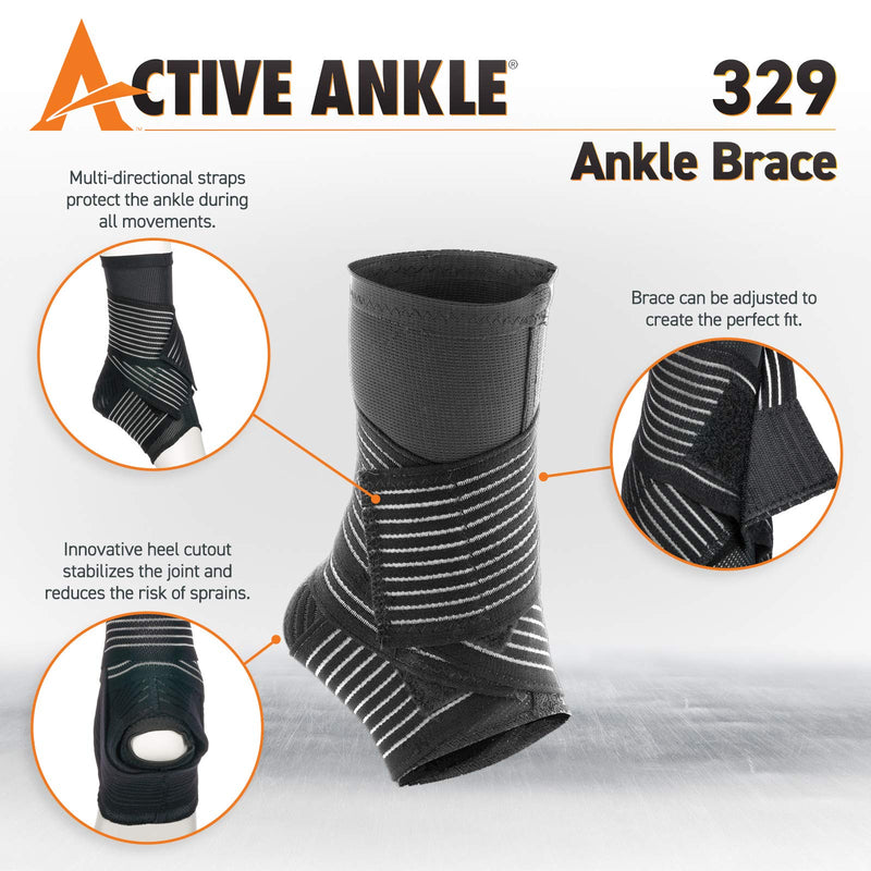 Active Ankle 329 Ankle Brace, Ankle Compression Sleeve with Straps for Men & Women, Braces for Volleyball, Football, Basketball, Rugby, Protection & Sprain Support, Black, Medium