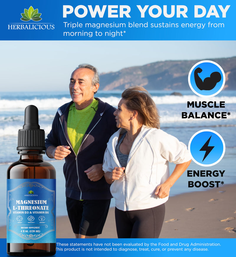HERBALICIOUS Magnesium Complex Liquid with Vitamin D3 & B6 – High Absorption Citrate, Glycinate & L-Threonate – Supports Energy, Mood, Relaxation, Bone Health & Immunity – 4 oz Liquid Drops