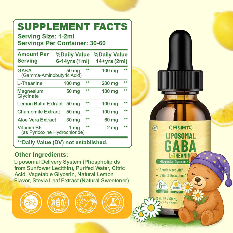 2 Pack Liposomal GABA L-Theanine Drops for Kids - Liquid GABA Supplement with Magnesium, Chamomile, Lemon Balm & Vitamin B6 - Support Relaxation, Focus & Stress Relief for Kids & Adults - Lemon 2 Fl Oz (Pack of 2)