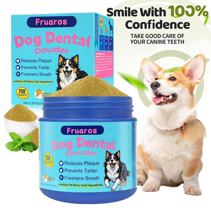 [3-in-1] Dog Dental Powder for Plaque and Tartar Support - 750M CFU Probiotics & Brown Algae Dog Breath Freshener - Vet-Grade Teeth Cleaning, Gut & Coat Health - 5.3 oz (150g) for Medium Breeds Medium Dogs (5.3 oz / 150g) - 75 Day Supply