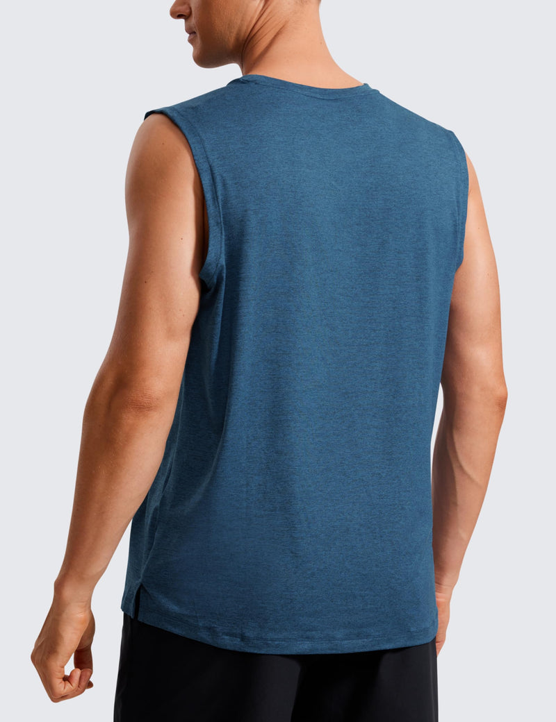 CRZ YOGA Men's Workout Sleeveless Shirt Quick Dry Stretchy Swim T-Shirts Athletic Gym Running Beach Tank Top Medium Night Blue Heather - BeesActive Australia