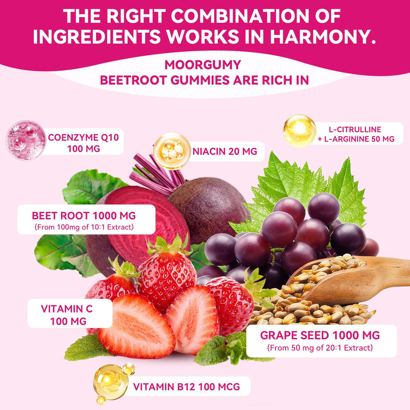 Beetroot Gummies with Grape Seed, Niacin, CoQ10, Vitamin C, B12, L-Citrulline & L-Arginine, Antioxidant Support, Sugar-Free Beet Root Supplement for Women & Men, 120 Count 30 Count (Pack of 2)