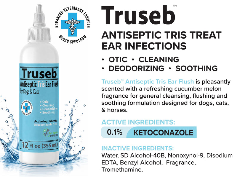 Truseb Advanced Strength Cat & Dog Ear Infection Treatment TrizmaxEDTA Flush, Medicated Pet Ear Wash, Flush, Dog Ear Cleaner Solution Medicated Ketoconazole 0.1% Helps Ear Itching Redness Swell (12oz)