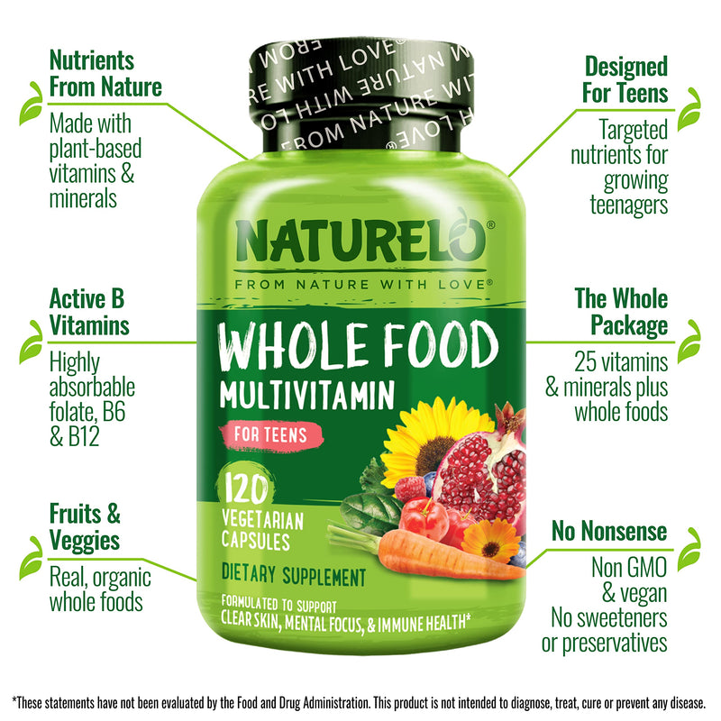 NATURELO Multivitamins for Teenage Girls/Boys, 120 Capsules | Whole Food Multivitamin with Minerals, Non-GMO, Vegetarian 120 Count (Pack of 1)