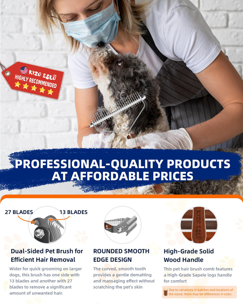 Extra Large 2-Sided Undercoat Rake for Dogs & Cats, Dog Brush for Shedding Remove Mats, Dematting Comb, Safe&Gentle Grooming Brush for German Shepherds Medium to Long-Haired Pets,Premium Wooden Handle XL - Super Fast Hair Removal - BeesActive Australia