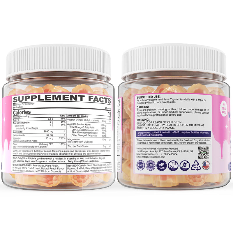 2 Pack Myo-Inositol & D-Chiro Inositol Gummies for Women, Ideal 40:1 Ratio | Female Health Support with Myo 2000mg, D Chiro 50mg, Omega 3, Folate, Vitamin D3, B12, Magnesium & Zinc, Vegan, Sugar Free 60 Count (Pack of 2)