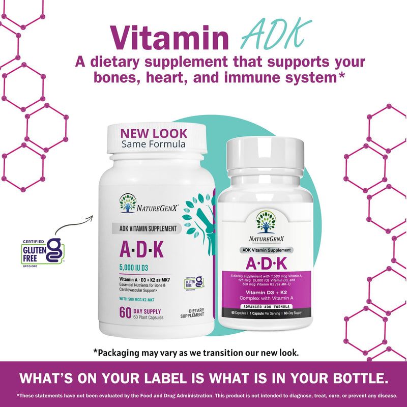NatureGenX ADK Vitamin Supplement – Vitamins A, D3 & K2 MK-7 for Bone Health & Calcium Absorption – Gluten-Free, Non-GMO, Soy-Free – 120 Capsules, 2-Pack (4-Month Supply) | For Bone Health & Calcium Absorption - Immune Support, Gluten-Free, Non-GMO, So...