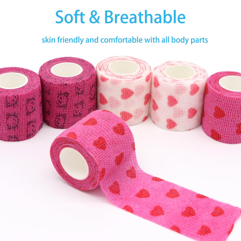 Self Adhesive Bandage Wrap Animal Cohesive Bandage Self Adherent Wrap First Aid Tape for Dogs Cats Horses Birds & Wrist Healing Ankle Sprain (2 Inch Heart 6 Rolls) 2 Inch Heart 6 Rolls - BeesActive Australia