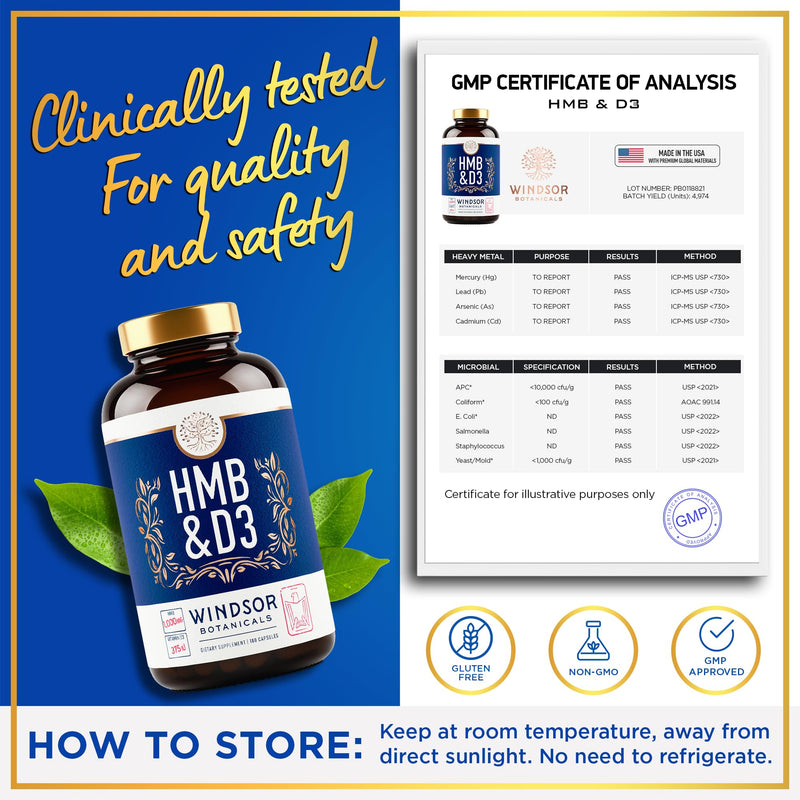 HMB and Vitamin D3 Supplement - B-Hydroxy B-Methylbutyrate 1,000 MG HMB Supplements for Men and Women Plus Calcium, Vitamin D 3 - Muscle Growth, Strength, Performance, Recovery - 90 Days, 180 Caps. 3 Months - 180 Capsules