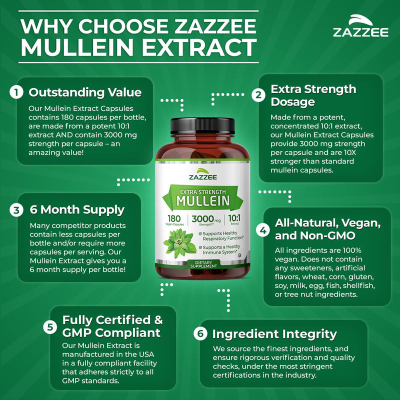 Zazzee Extra Strength Mullein Leaf 10:1 Extract, 180 Vegan Capsules | 6 Month Supply, Respiratory & Lung Support, Certified Kosher, 100% Pure Leaf Powder, Verbascum Thapsus, Non-GMO, Made in USA 180 Count