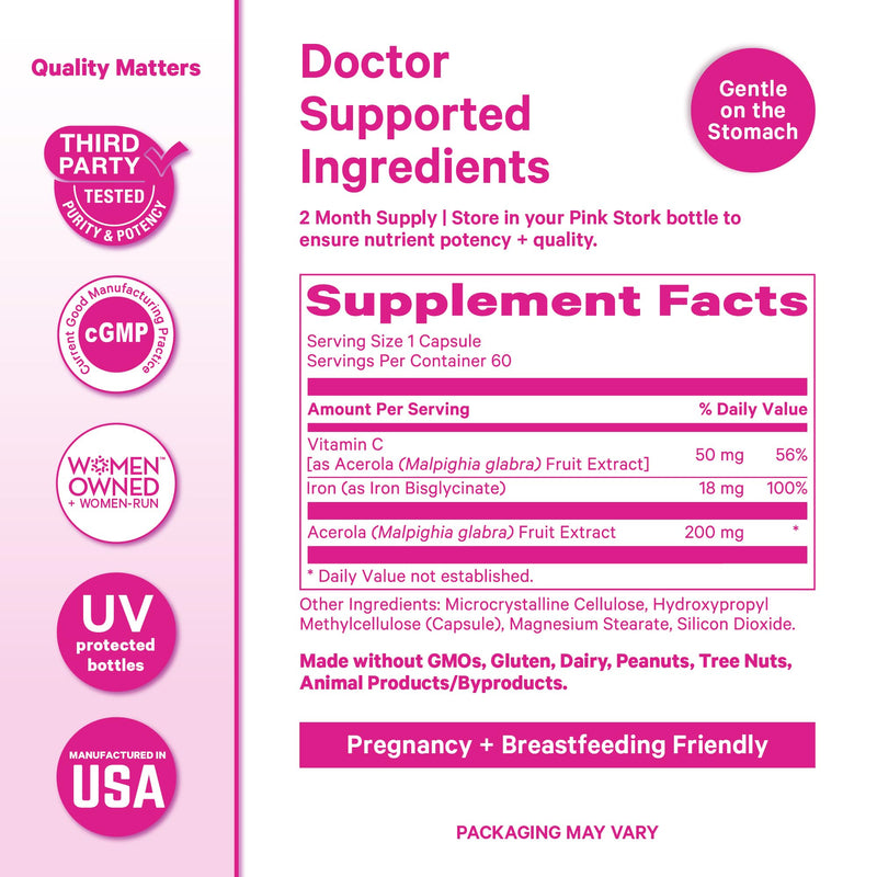 Pink Stork Iron for Women with Vitamin C, 60 Capsules, 2-Month Supply | 18 mg Chelated Iron Bisglycinate + Vitamin C, Supports Energy, Focus + Oxygen, Pregnancy, Postpartum, PMS + Perimenopause 60 Count (Pack of 1)
