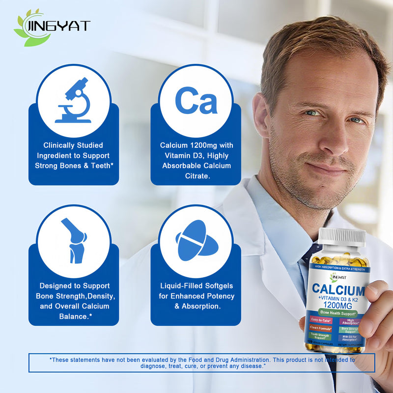 Calcium Supplements for Women - Calcium 1200 mg with Vitamin D3 & K2 - High Absorption Extra Strength Calcium Citrate for Bone Health, Strength, Density, Muscle, Heart Support - Slow Release, Non-GMO
