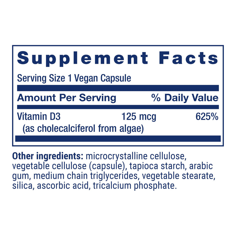 Life Extension Vegan Vitamin D3, 125 mcg (5000 IU), cholecalciferol from Algae, high-Potency Immune, Bone & Whole-Body Health, Gluten-Free, Non-GMO, 1 Daily, 60 Capsules