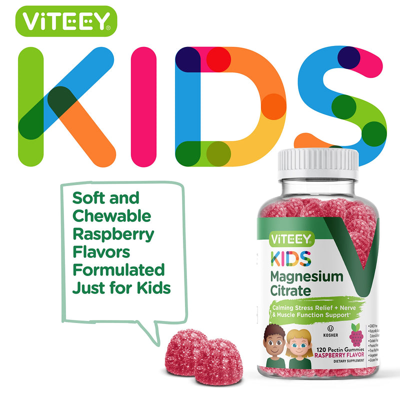 Viteey Kids Magnesium Citrate Gummies - Chewable Raspberry Flavored Gummy | Supports Sleep Aid, Calm Gummies, Muscle Relaxer, Optimal Relaxation - Vegetarian, Gelatin Free, Gluten Free, GMO Free 120 Count (Pack of 1)