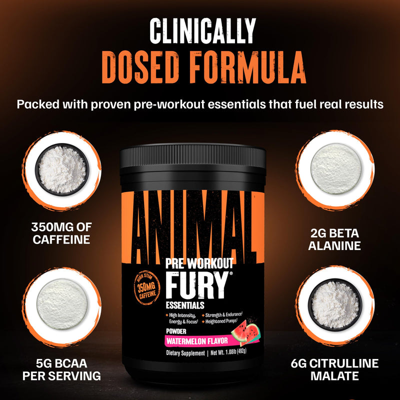 Animal Fury Pre Workout Powder Supplement for Energy and Focus 5g BCAA 350mg Caffeine Nitric Oxide Without Creatine Powerful Stimulant for Bodybuilders, Watermelon 30 Servings (Pack of 1)