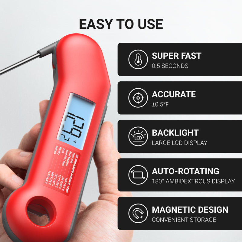 ThermoMaven Professional Meat Thermometer Digital, Ultra-Fast 0.5 Sec Instant Read, NIST Certified ±0.5°F Accuracy, 100% Waterproof, Auto-Rotating Backlit Display, Lift-to-Wake, for BBQ/Cooking/Candy Red & Gray - BeesActive Australia