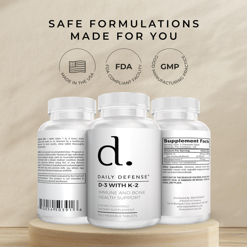 Immune Defense Supplements Vitamin D3 K2 2000IU for Heart Health, Daily Immune Support, Mental Clarity, & Muscle Function - 100 Chewable Tablets