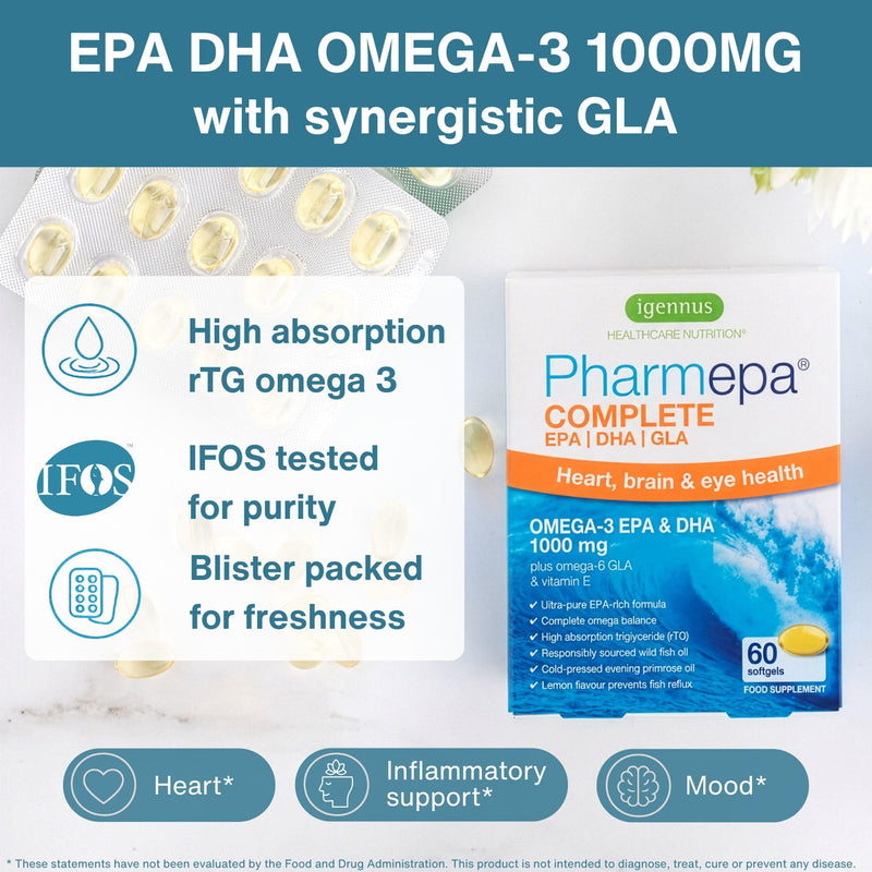 Igennus Pharmepa rTG Omega 3 EPA DHA 1000mg, 60 Softgels | IFOS-certified rTG wild fish oil with GLA from evening primrose oil; high potency, blister packs preserve freshness 60 Count (Pack of 1)