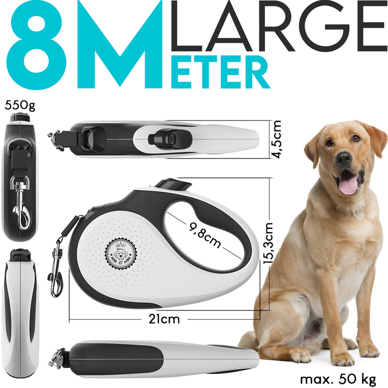 DOG IS KING retractable dog leash 8m for small & large dogs | High-quality extendable dog leash with comfortable handle Robust extension line L | 8m | up to 50kg white | Black - BeesActive Australia