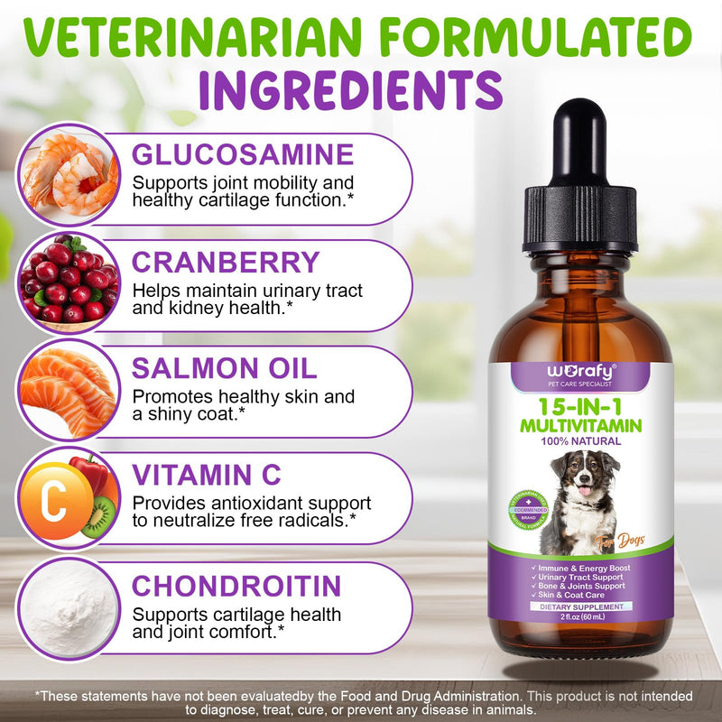 Dog Multivitamin, 15 in 1 Multivitamins for Dogs - Strengthening Immune System & Bones and Joints, Dog Vitamins and Supplements Drops for Supporting Urinary Tract, Skin & Coat 60ml