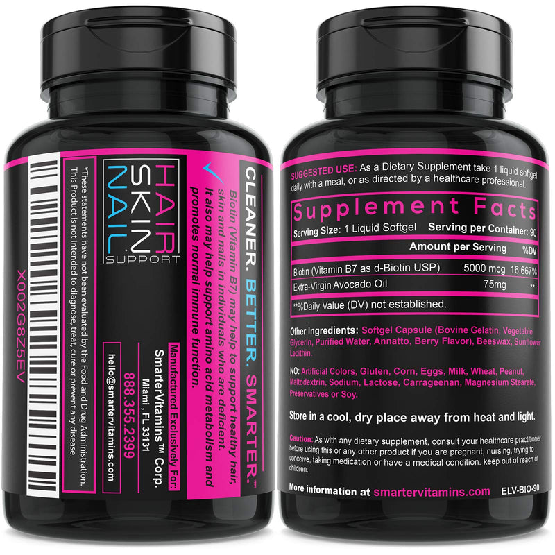 Biotin 5000mcg Vitamin B7 for Hair with Avocado Oil 90 Mini Liquid Softgels | Supports healthy hair, skin and nails with non-GMO ingredients, no soy and a convenient berry-flavored daily beauty formula 1