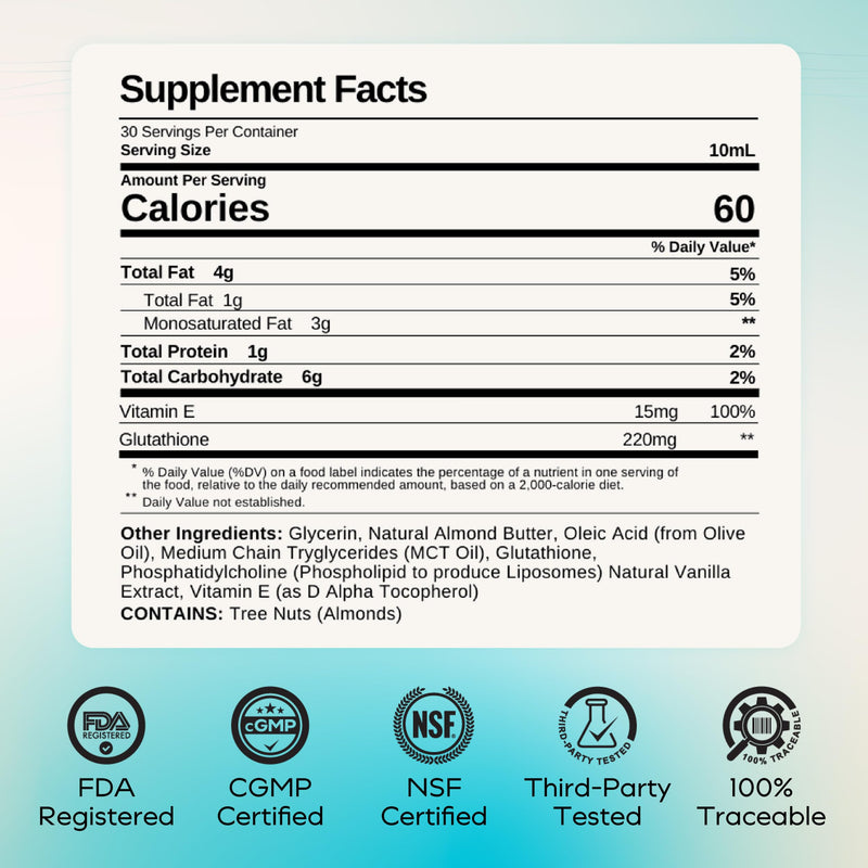 MYCL Liposomal Glutathione Supplement Squeeze Packs – Vitamin E and MCT Oil – Skin, Hair and Nail Health– High Absorption - Vanilla Almond – 30 Single-Serve Packets