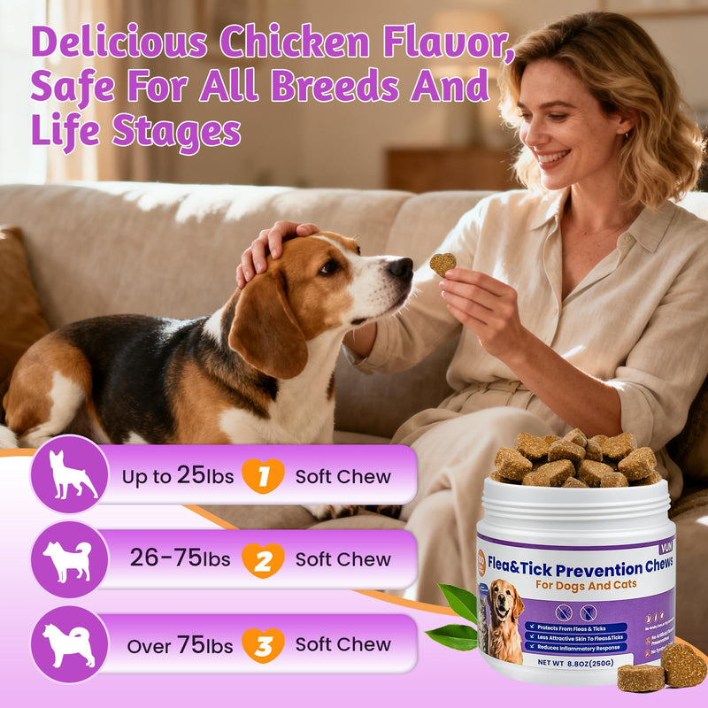 VUN Dog Flea and Tick Treatment Chewable,Natural Oral Flea Treatment for Cats,Relieve Itching& Biting,Flea Tick Prevention for Dogs Chews Supplement for Skin&Coat,All Breeds Sizes,100 Counts