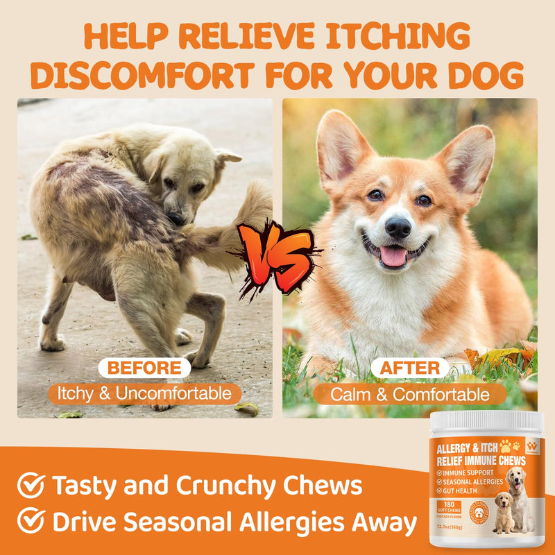 Dogs Allergy & Itch Relief Chews, Dog Probiotics for Itchy Skin and Itchy Ear, Dog Allergy Supplement for Paw Licking - 180 Treats Chicken
