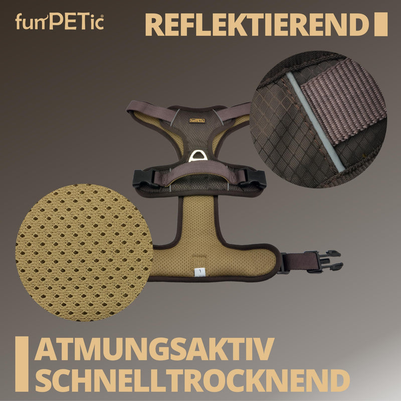 funPETic Dog Harness Essential - Anti-Pull Harness, Reflective, Padded and Breathable - Chest Harness for Medium and Large Dogs (L - Brown) L - BeesActive Australia