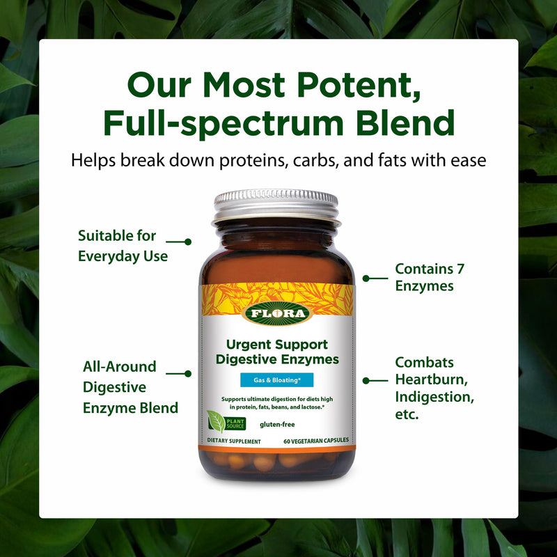 FloraHealth Urgent Support Digestive Enzymes, Gas & Bloating, 60 Veg Caps | Digestion Support Supplement, Aids Bloating & Nutrient Absorption, Features 9 Enzymes, Gluten-Free & Non-GMO