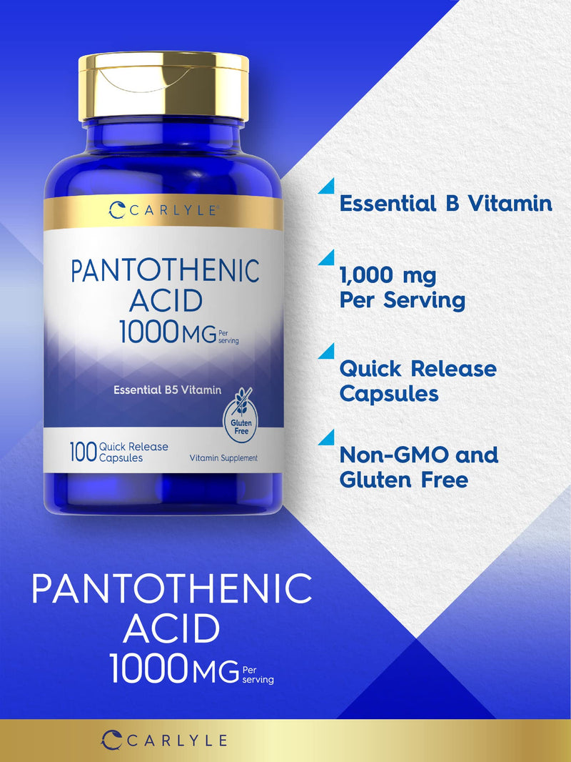 Carlyle Pantothenic Acid Vitamin B5 | 1000mg | 100 Capsules | Non-GMO, Gluten Free Supplement
