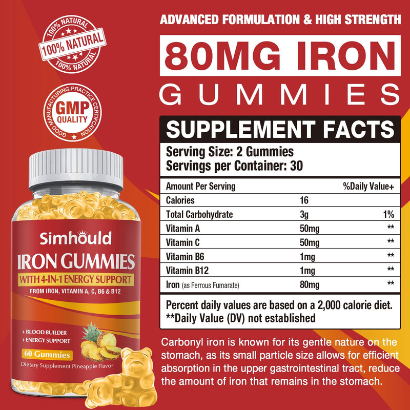 2 Pack Vegan 80MG Iron Supplement Gummies for Women & Men - Vitamin A, C, B for Adults & Kids - Blood & Builder & Energy Support for Iron Deficiency, Anemia, 120 Counts Pineapple Flavor Gummies Yellow - 2 Packs