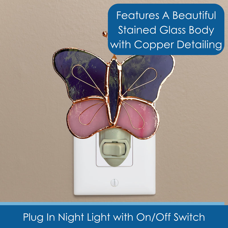 Gift Essentials Pink and Purple Butterfly Plug in Night Light - Stained Glass Nightlight with On/Off Rocker Switch - Includes One 4 Watt Replaceable Incandescent Warm Glow Bulb - BeesActive Australia