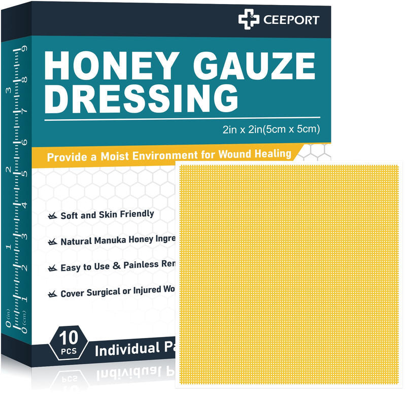 Ceeport Manuka Honey Gauze Wound Dressing 2" x 2",10 Pack Manuka Honey Wound Care Pads, Medical Grade Honey Bandages for Wound Care, Honey Patch for Faster Healing from Burns,Abrasions,Cuts and Scalds Honey Gauze 2'' x 2'' - 10 Pack - BeesActive Australia