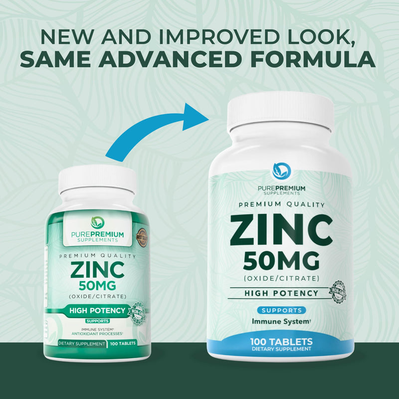 PurePremium Zinc 50mg Supplements for Men/Women - High Potency 100 Tablets | Zinc Citrate / Oxide, Supports Immune System, Antioxidant, Energy Support, Normal Skin & Cognitive Health - Gluten Free 100 Count (Pack of 1)