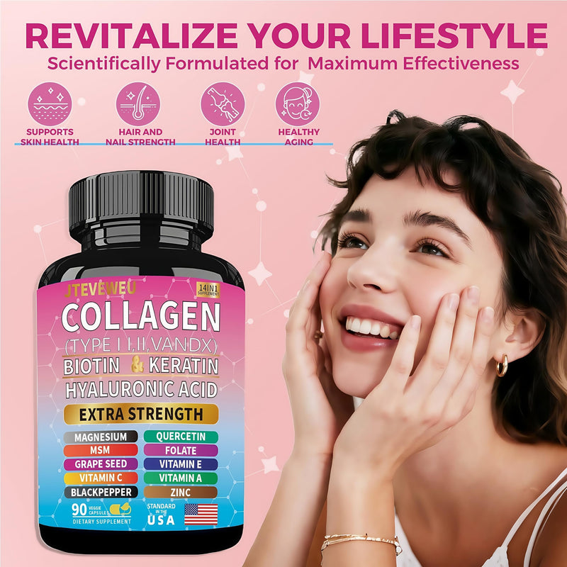 Collagen Supplement - Types I, II, III, V & X, MCG Biotin, Keratin, Hyaluronic Acid, Zinc, Grape Seed Extract, Quercetin, Vitamin A, Vitamin C, Vitamin E, Magnesium, Folic Acid（90 Capsules） 90 Count (Pack of 1)