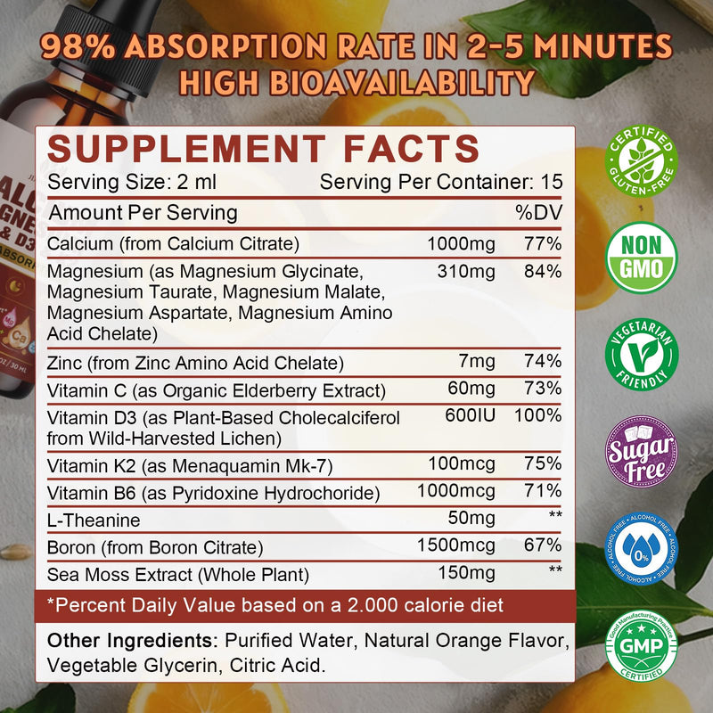 (2 Pack) Calcium Magnesium Zinc Liquid Drops for Women and Men - Bone & Teeth, Immune Support, Calcium Citrate 1200mg with Vitamin D3 Liquid Drops for Adults, Sugar Free, Vegan, Orange Flavor 1 Fl Oz (Pack of 2)