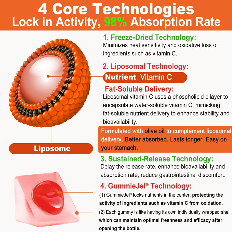 Natural Liposomal Vitamin C 1000mg Gummies for Adults & Kids 9+, Chewable Vitamin C w/ 11mg Zinc, D3, Elderberry, Echinacea, , Bioflavonoid, Immune Support, Whole Food VIT C from Fruits, Sugar Free 60 Count (Pack of 1)