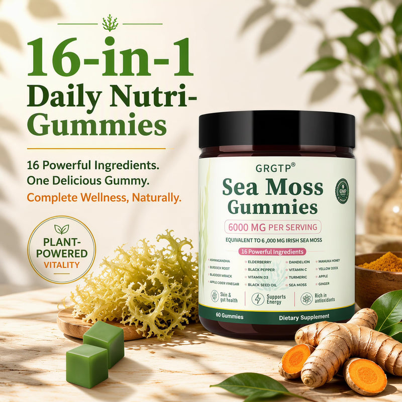 Sea Moss Gummies 16-in-1 - Ashwagandha Black Seed Oil Bladder Wrack Turmeric Vitamin C & D3 with Manuka Burdock Root Dandelion Yellow Dock Natural Detox & Liver Health Immune Support, Energy Boost