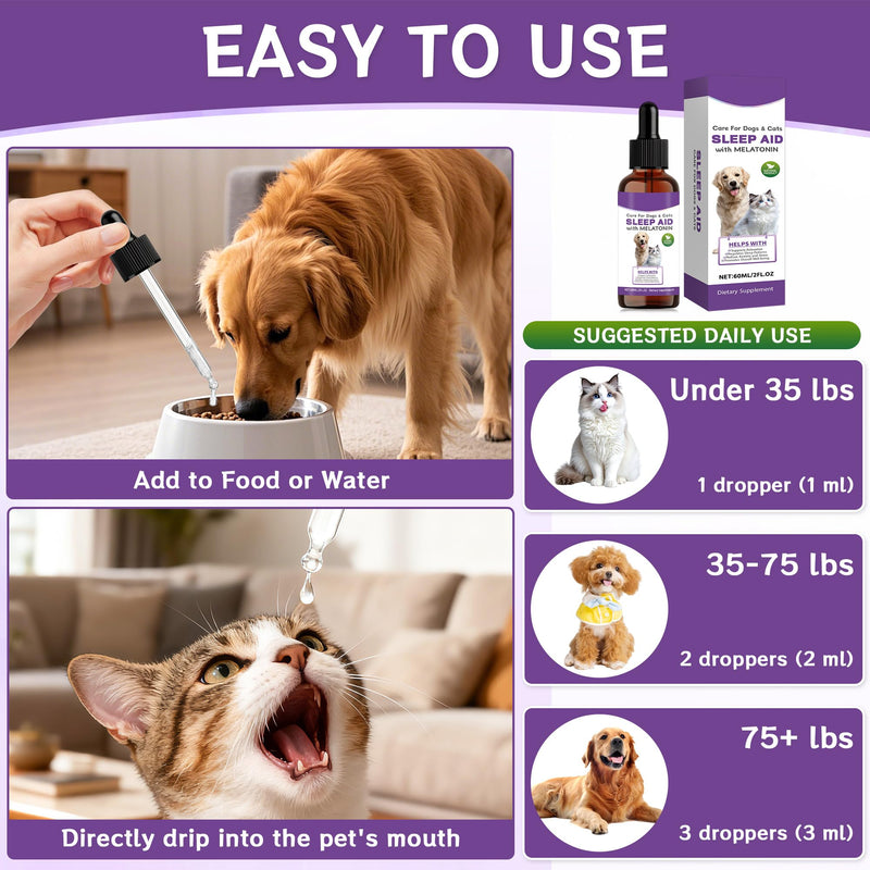 Cats＆Dogs Melatonin Calming Drops, Dog Anxiety Relief from Fireworks, Separation＆Travel Stress, Helps Cats Good Behaviour and Sleep with Natural Ingredients (60ml)