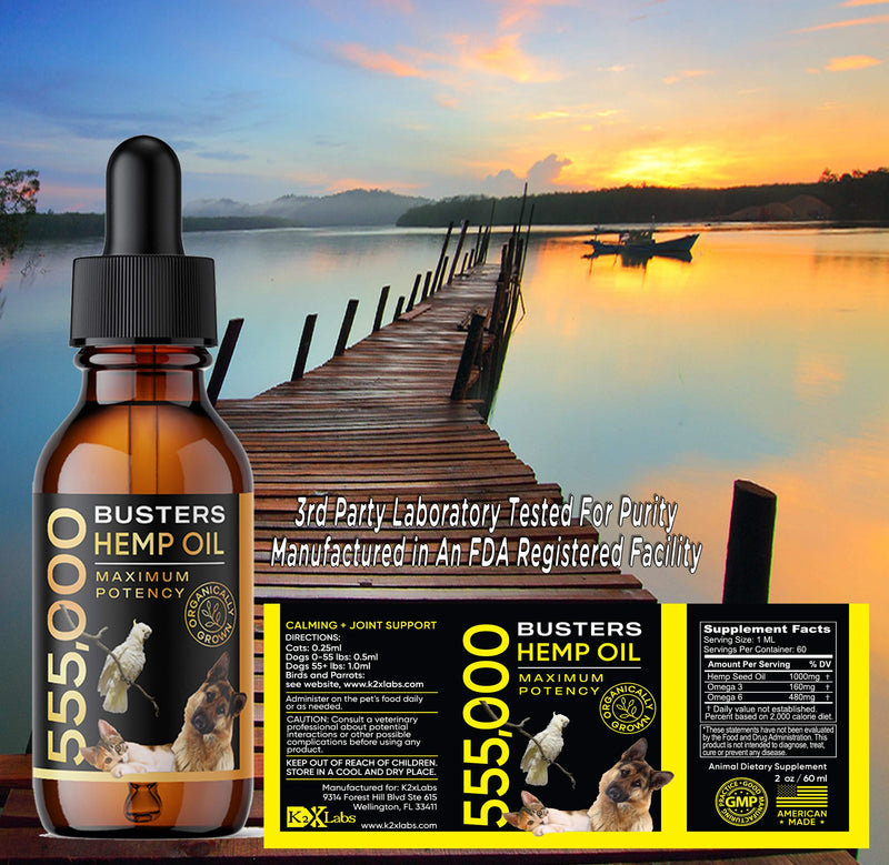 3Pack 6Month Supply Buster's Organic Hemp Oil for Dogs and Pets 555000, Large 60ml Bottle Miracle Formula, Perfectly Balanced Omegas 3, 6, 9 - Joint Support, Calming