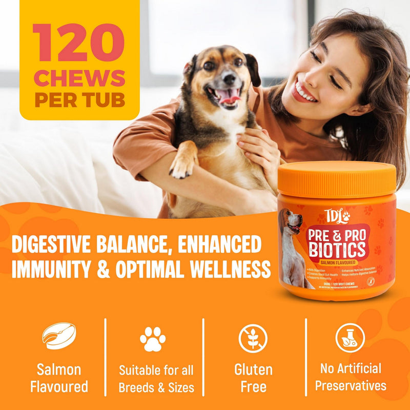 Dog Probiotic Supplements for Gut Health – 120 Soft Probiotic Chews for Dogs – Daily Canine Probiotics & Prebiotics to Support Digestion, Immunity & Sensitive Stomachs – Salmon Flavour Treats