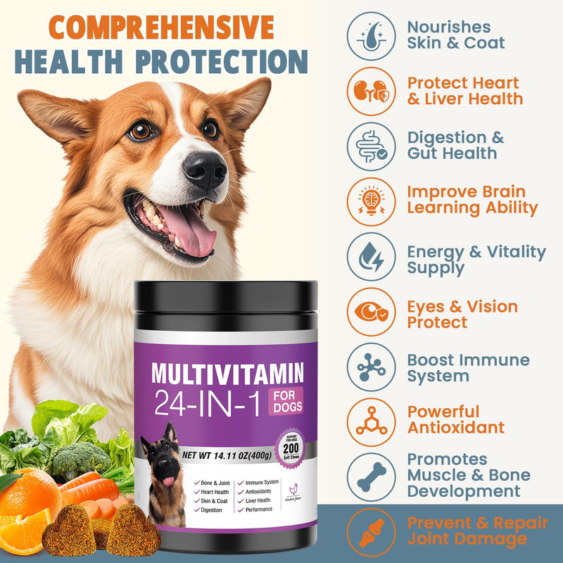 24-in-1 Dog Vitamins and Supplements 200 Ct Dogs Multivitamin Chewable Contain Chondroitin Probiotics Omega-3 Glucosamine for Dogs Skin Coat Heart Joint Gut Liver Brain Eyes Immune Support - Chicken 200 Count