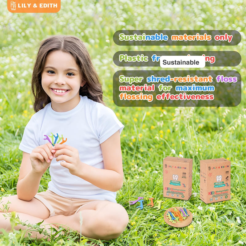 LILY & EDITH Kids Biodegradable Dental Floss Picks 200 Counts, Fluoride Free, Plant Based Material, Fun Animal Flossing Sticks, Ultra Sturdy Thread, Zero Waste Package (Unflavored) Unflavored - BeesActive Australia
