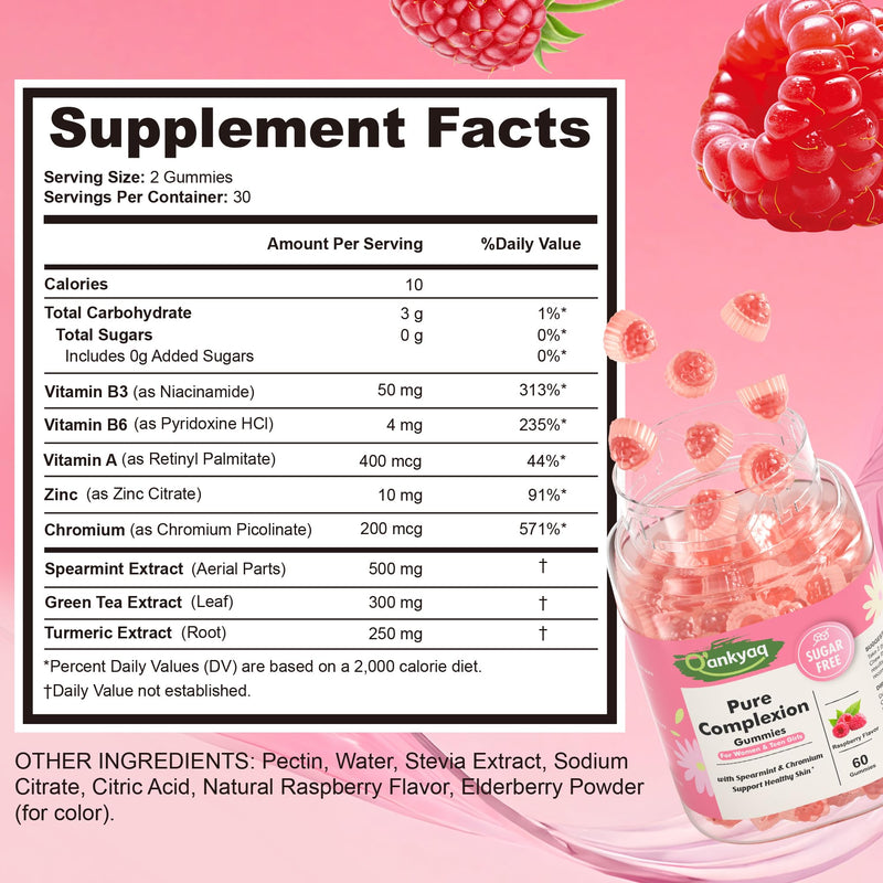 Spearmint Supplement Gummies for Women & Teen Girls, Pure Complexion, 60ct | Organic Spearmint Gummies with Vitamins, Chromium & Zinc, Green Tea Extract, Clear & Healthy Skin Support, Sugar-Free